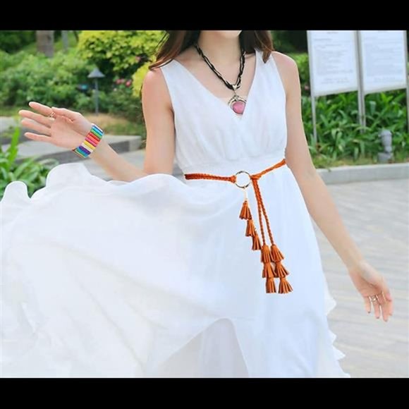 Women Girls PU Leather Waist Belt Chain Skinny Rope with Double Tassel main image 3
